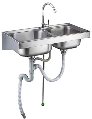 Edelstahl Spülbecken Doppelwaschbecken Küchenspülen 2 Becken Hand Waschbecken Wandmontage Ausgussbecken Inkl Wasserhahn, Edelstahlspüle Für Garage Waschküche Badezimmer