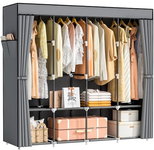 Neatrays Kleiderschrank, Stoffschrank mit 4 Kleiderstange Stabil & 8 Fächern, Faltbarer Kleiderschrank Wardrobe Closet für Kleiderablage Schlafzimmer Ankleidezimmer(Grau)