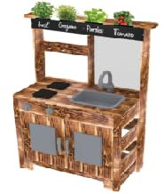 COSTWAY Cuisine Extérieure Enfant avec Tableau Noir & 4 Pots de Plantation, Cuisine Boueuse en Bois avec Évier & 5 Accessoires, Tableau Acrylique pour DIY, Cuisine de Boue pour Enfant de 3 Ans+