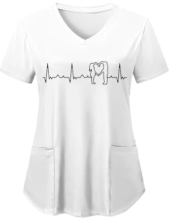Xbemkste T-shirts pour femmes avec imprimé cœur à manches courtes, style tunique, col en V, blouse de travail estivale avec poches, blanc, S