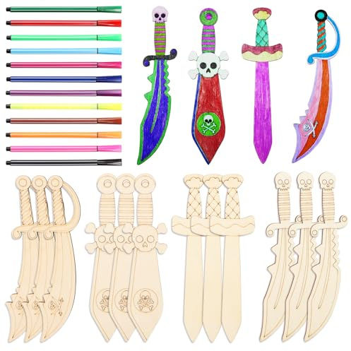 12 espadas piratas de madera, para pintar, sable pirata creativo, espada de madera para niños, piratas, juego de manualidades de madera, regalo para niños y niñas, decoración de pintura