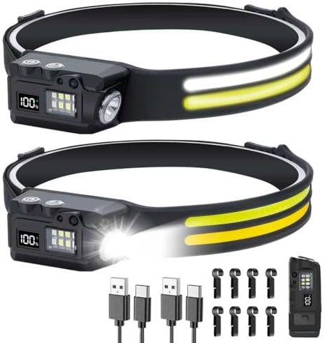 Confezione da 2 torce da testa ricaricabili staccabili, fascio largo a 230°, 8 modalità di illuminazione con sensore di movimento, torcia frontale magnetica impermeabile con indicatore del livello