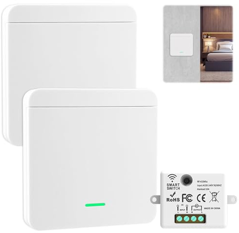 Kit de 2 Interruptores de Luz Inalámbrico con 2 Interruptor y 1 Receptor 10A 230V 433MHz Interruptor de Pared Inalámbricos para Lámparas Interior y Exterior (2 Interruptor y 1 Receptor)