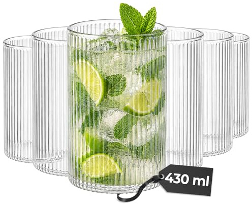 MIAMIO - Juego de 6 Vasos, Vasos de Cristal 430ml, Vasos de Agua, Tumbler, Vasos Altos, Highball, Cóctel, Café con Hielo, Cocina - Senita Collection