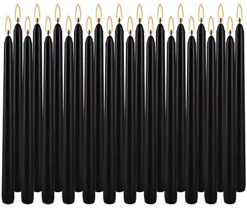 LIVEN 24 Pack Black Taper Candles, 7-8 Hours Burn Time, Unscented, Smokeless and Dripless, 0.75 x 10 Inch Dinner Candle Set for Halloween, Household, Wedding, Party and Home Décor Candlesticks