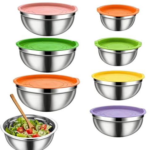 Genérico Tazones De Metal Para Mezclar - Anidamiento De Acero Inoxidable De 4.5 Cuartos | Cuencos Antideslizantes Del Organizador Del Almacenamiento De La Comida, Hermético De La Tapa Para Los