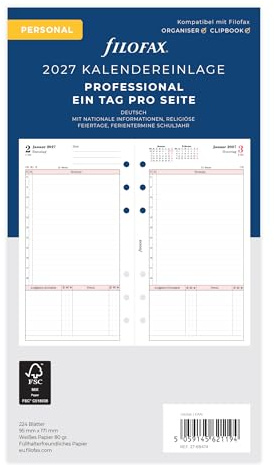Filofax Kalenderinlägg personlig professionell 1 dag på 1 sida tyska 2027