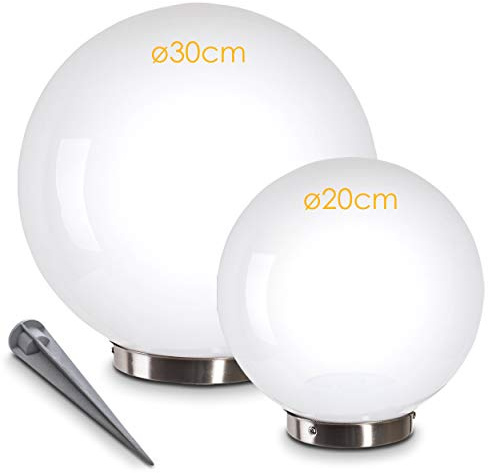 Lámpara solar Nassau, juego de 2 lámparas esféricas de plástico blanco, Ø 20 y 30 cm con pica de tierra, con interruptor de encendido/apagado, lámparas solares con interruptor crepuscular