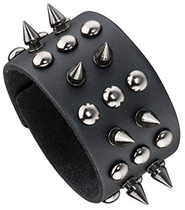 MILAKOO Bracciale in pelle con cinturino largo da motociclista punk rock borchiato in metallo nero