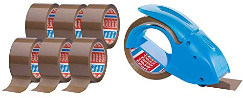 tesapack 64014 en Paquet de 6 - Ruban Adhésif à déroulement silencieux - Marron - 6 Rouleaux de 66 m & Dérouleur Manuel Pack'n'go Ergonomique pour rouleaux d'emballage - 50 m x 48 mm - Bleu