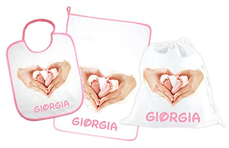 ALMATEX SRL SET ASILO PERSONALIZZATO CON NOME composto da 3 pezzi: bavaglino spugna con elastico cm.27x30, asciugamano cm.40x55 e sacca PERSONALIZZATI Made in Italy - CONSEGNA TEMPESTIVA (MANI ROSA)