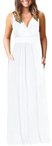AUSELILY Ete Robe Longue Femme Maxi Robe V Col sans Manches avec Poches