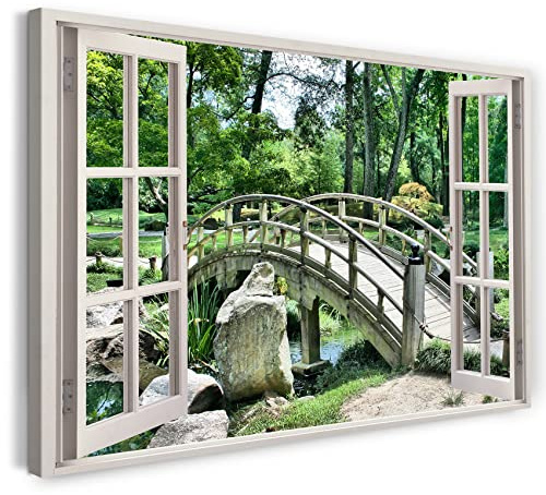 Print on Canvas (60x40 cm) view from the window - Japanese bridge garden natural plants stream - nature photography, real wood frame with hook