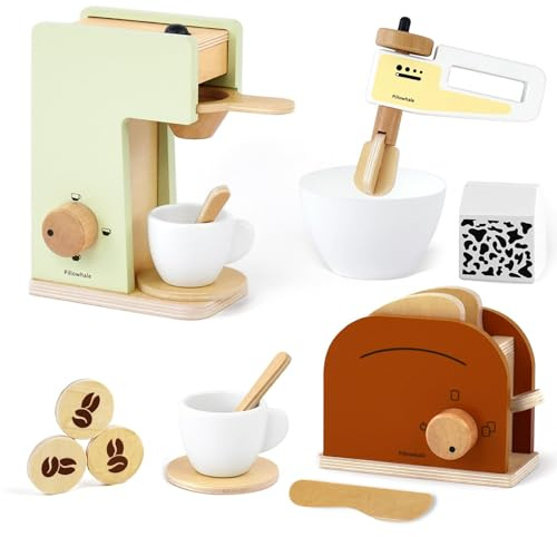 Pillowhale Kids Coffee Maker Playset, Wooden Toy Toaster, Toy Mixer,3-in-1 Kids Kitchen Playset, Pretend Play Kitchen Accessories for Toddlers Boys Girls Ages 3+