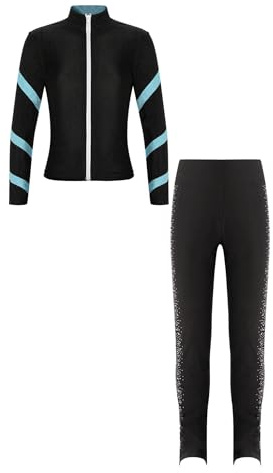 Kaerm Eiskunstlauf Kleidung Training Kinder Mädchen Langarm Sweatjacke Strass Glitzer Sportjacke Mit Gymnastikhose Lang Trainingshose Sportswear Hellblau B 146-152