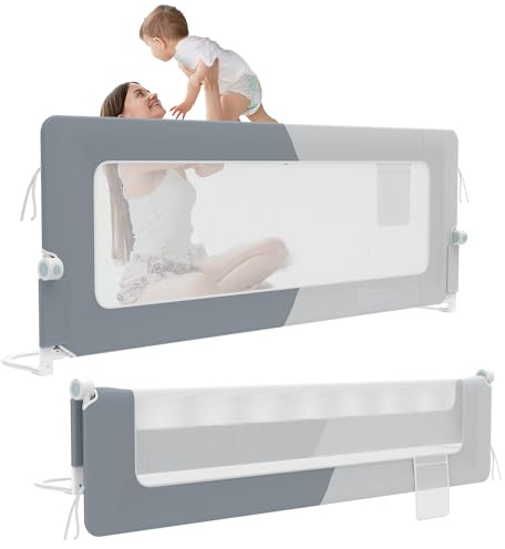 HENGMEI Griglia di protezione per letto da 200 cm, pieghevole a 180 gradi, rete traspirante regolabile in altezza (grigio + grigio chiaro)