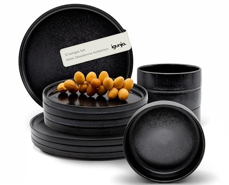 igunja Steingut Geschirr Set Schwarz Schüssel- u. Teller Set [12 teilig für 4 Personen] 100% Handfertigung Premium Qualität reaktive Glasur schwarzes Geschirrset