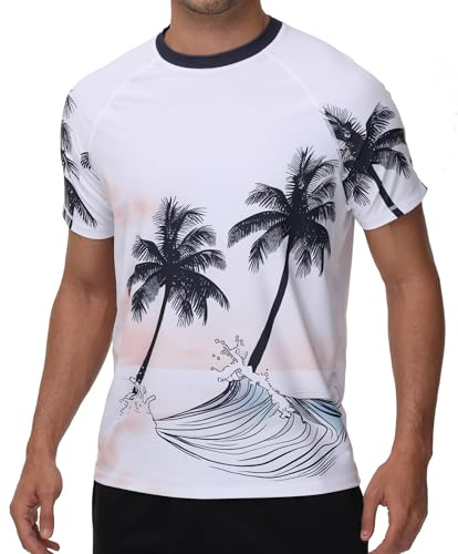 VAYAGER Herren UV Shirt Rash Guard T-Shirt Schwimm Shirt UPF 50+ Badeshirts,schnell trocknend, lockere Passform, Wassersurf-Shirt(Weiß Kokosbaum XL)