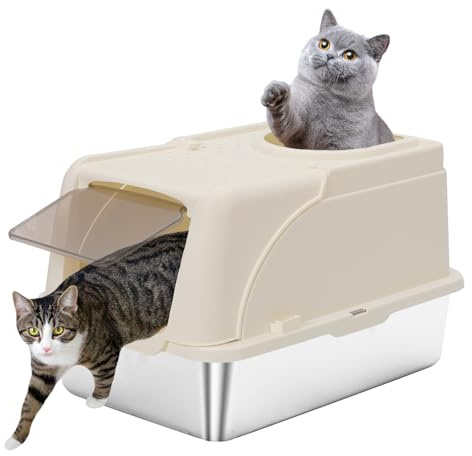 Arenero Gato Acero Inoxidable XXL, arenero Gato Grande - Arenero de Metal para Gatos Grandes con Bordes Altos, Superficie Antiadherente, 62cm x 42cm x 40.5cm Blanco