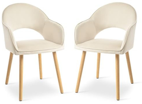 Goeurvant Dining Chairs Set of 2, Upholstered Chairs with Armrests& Wooden Legs, Velvet Armchairs, Ergonomic Kitchen Chair, Living Room Chair for Dining Room and Kitchen, Velvet-Beige