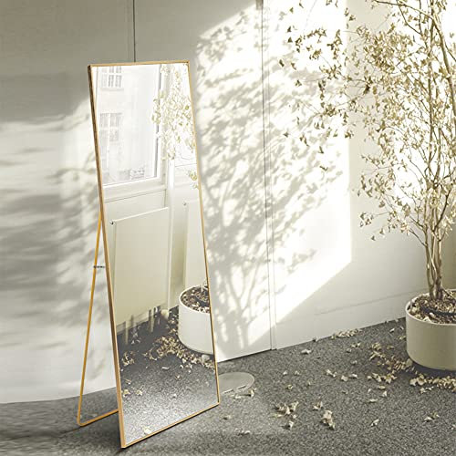 KRYZOR Miroir rectangulaire pleine longueur 150 x 40 cm, miroir sur pied 2 en 1 et miroir mural, miroir complet avec cadre en aluminium doré, grand miroir de sol pour le sommeil, le salon, le dressing