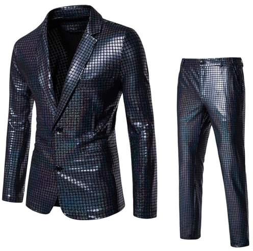 Generico Abito da Uomo 2 Pezzi Slim Fit Completo a Quadri Adatti per Discoteche Banchetti Matrimoni Ricevimenti di Lavoro e Feste Carnevale Completo a Due Pezzi con Paillettes a Righe