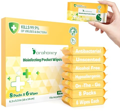 Dorahoney Mini Antibacterial Wet Wipes Travel Size, Pocket Hand Wipes, Alcohol Free, Hypoallergenic for Adults & Kids, Travel Essentials Small Pack Multipurpose Cleaning Wipes 8 Pack (48 Wipes Total)