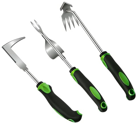 Juxifyron 3 Piece Weeding Tool Set, Stainless Steel Hand Weeder Kit with Rubber Handles, Crack Weeder, Weed Puller and Crevice Tool for Lawn, Flower Beds, Sidewalk Cracks, Patio and Between Pavers