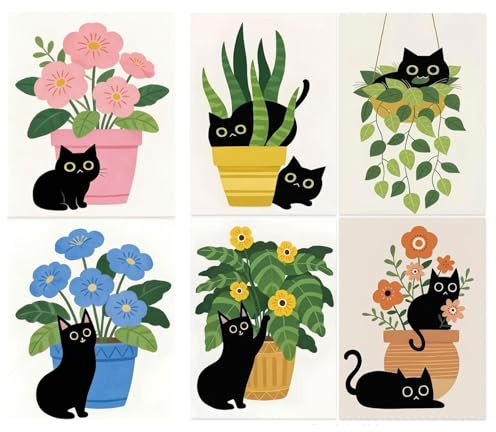 6 Pack Paint By Numbers for Adults - 8x12Inch Simple Cat Flowerpot (Simple) | Paint By Numbers Canvas Kits DIY Animal Acrylic Oil Painting By Numbers Kits On Canvas for Home Decor Gifts Frameless