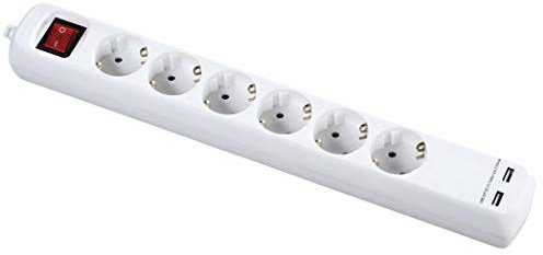 Alyco - Regleta de 6 Enchufes y 2 USB con Interruptor, Cable de 1,4 m - 199436, Blanco