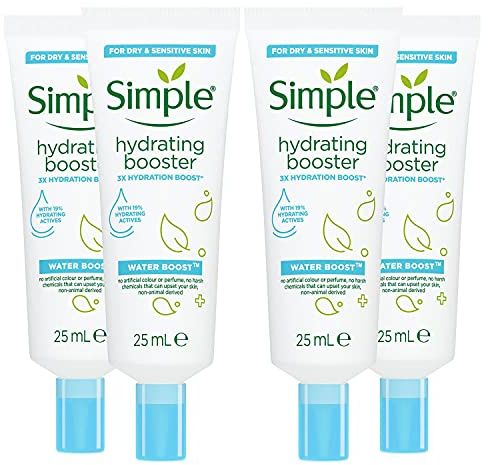 Simple Water Boost Hydrating Booster mit 19 % feuchtigkeitsspendenden Aktivstoffen für trockene und empfindliche Haut, mit Mineral- und Pflanzenextrakt, ohne künstliche Farb- oder Parfüm, 4 Stück
