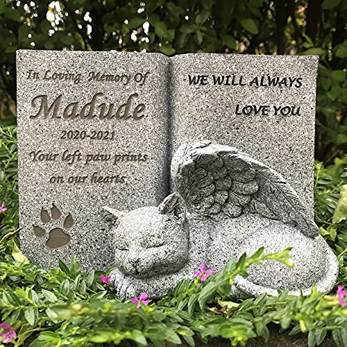 CUDMORERBE Personalized Cat Angel Pet Memorial Grave Marker Tribute Statue, Cat Memorial Stone, Sympathy Pet Loss Gift for Cat, Customizable Name and Date