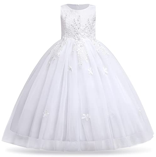 IWEMKE Enfants Filles Robe Mariage Tulle Dentelle Robe Princesse Longue Fleur Brodée Soirée Demoiselle d'honneur Robe Tutu sans Manches pour Pageant Baptême Fête Anniversaire Carnaval 3-12 Ans