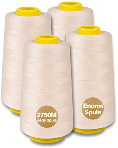 NäHgarn Overlockgarn 100% Polyester Elfenbein - Set für NäHmaschine mit 4 NäHgarn Zwirn, ReißFest - 40/2 Je 2745 M, Insgesamt 11000m