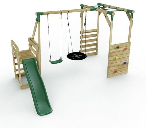 Rebo® Wooden Swing Set with Monkey Bars, Deck and 6ft Slide - Satellite Green | OutdoorToys | Kids' Outdoor Wooden Play Equipment for Gardens, Frame and Accessories Included, Weather Resistant