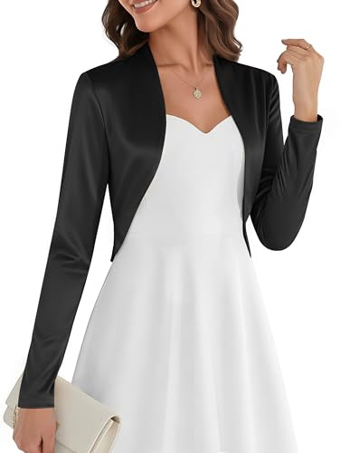 Belle Poque Women Long Sleeve Bolero Shrug Open Front Satin Jacket Ruffled Shrugs for Evening Dresses Formal Black S