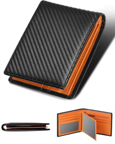 GSG SINCE 1998 Men's Wallets Genuine Leather RIFD Tri-Fold Wallet with Coin Pocket,14 Credit Card Slots, 2 Banknote Compartments, 2 ID Windows, Minimalist Wallet with Gift Box, Black-orange