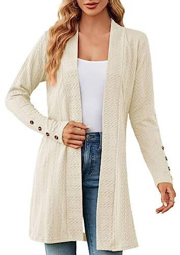 L9WEI Cárdigan largo para mujer, cárdigan casual, longitud media, color sólido beige, botones, manga larga, ligera, fina, elegante, abrigo de punto cálido, XL