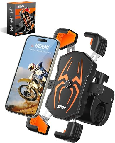HENMI Supporto universale per cellulare da bicicletta per smartphone da 5,5 – 7,5 pollici, 1 S blocco auto bicicletta supporto cellulare anti-shake moto con rotazione di 720°, adatto per iPhone 16/15