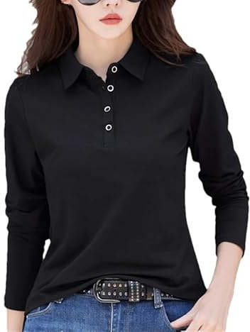 T-shirt basique à manches longues en coton pour femme Col polo boutonné Décontracté Formel Travail Top, Noir , XXL