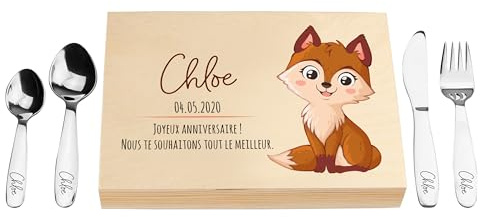 LAUBLUST Couverts pour enfants gravés - Coutellerie dans boîte en bois imprimé, naturelle - Couverts avec prénom | Cadeau de baptême pour enfants | Couverts de table en inox (Renard)