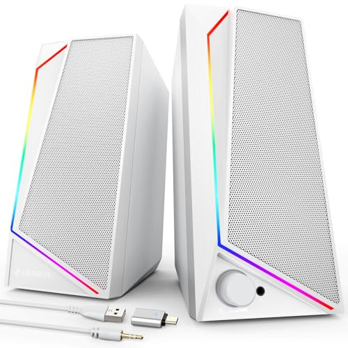 LENRUE PC Speakers, USB Powered Computer Speakers with Loud Stereo Sound, Headphone-in for Desktop,Laptop, Monitor (USB-C Adapter Included) (White)