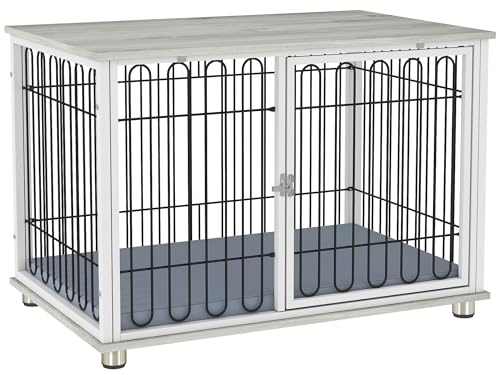 PawHut Cage pour Chien, Meuble Cage Chien intérieur avec Coussin, Pieds réglables, Table d'appoint, Fil d'acier Solide, pour Chiens Moyens jusqu'à 20 kg, 90 x 58 x 62,5 cm, Gris