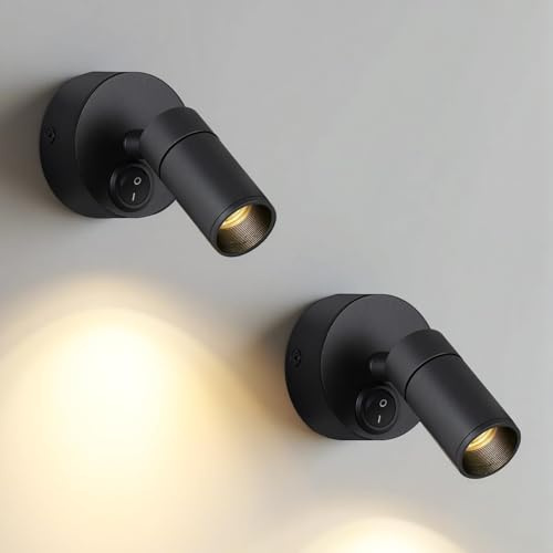 ERWEY 2 Stück LED Wandleuchte Innen, Leselampe wand 3W Warmweiß 3000K Bettlampe Schwenkbar Wandbeleuchtung Wandspots mit Schalter für Schlafzimmer Badezimmer Gang, Schwarz