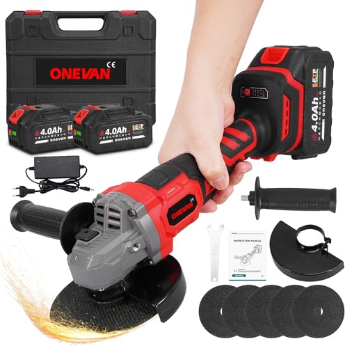ONEVAN Smerigliatrice angolare professionale a batteria, 125 mm, 20 V, brushless, 4,0 Ah, doppia batteria, 8000 giri/min, smerigliatrice angolare con copertura a sgancio rapido, impugnatura