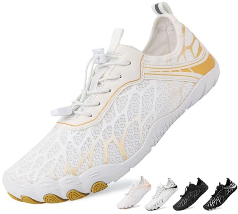 Chaussures d'eau Femme 38EU Barefoot Shoes Homme Chaussures Aquatiques Chaussures Minimaliste Barefoot Antidérapant Chaussures de Sport Extérieur Blanc Doré 38EU