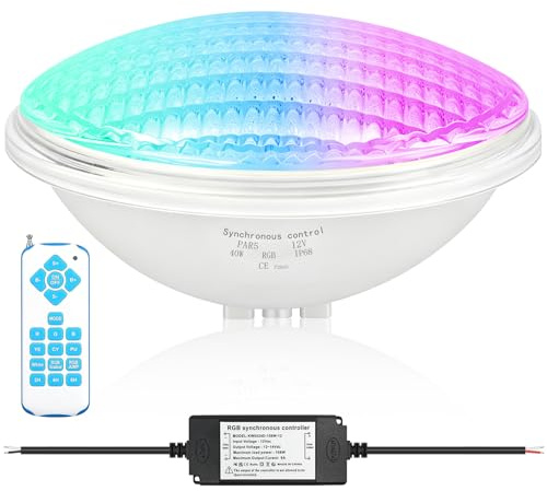 KOLLNIUN Illuminazione LED per piscina RGB, 40W, PAR56, luce subacquea, lampada da bagno, sincronizzazione esterna con telecomando, 12 V AC, IP68 impermeabile