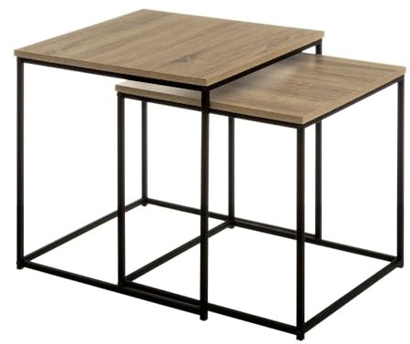 LOLAhome - Set 2 mesas de Centro Nido de 50x50 cm y 45x45 cm con diseño Moderno en Madera Natural y Estructura metálica Negra, Ideal como Auxiliar versátil para salón, Comedor u Oficina