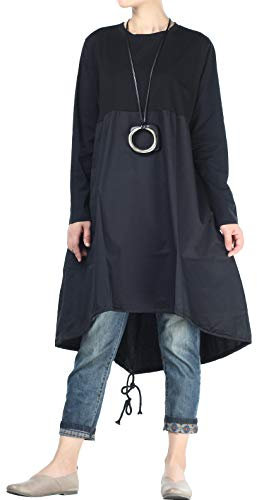 Vogstyle Damen Langarm A-Linie Beiläufige Lose mit Tasche T-Shirt-Kleid Art 3-Schwarz XXL