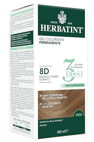 Herbatint Gel colorante permanente 3 dosis, 300 ml – 8D rubio claro dorado, sin amoniaco, para pieles sensibles, cobertura 100% para cabellos blancos, con 8 extractos naturales biológicos
